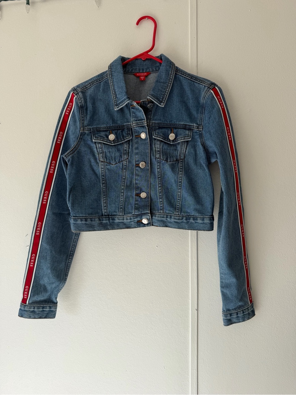 Guess Denim Jean Jacket With Logo Stripe Sleeves Streetwear-Medium